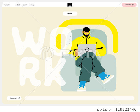 Creative workspace, modern flat vector concept illustration of a man working sitting on the armchair with a computer Remote work, flexibility, independence, efficiency, mobility, synergy, freedom Creative workspace, modern flat vector concept illustration of a man working sitting on the armchair with a computer Remote work, flexibility, independence, efficiency, mobility, synergy, freedom 119122446