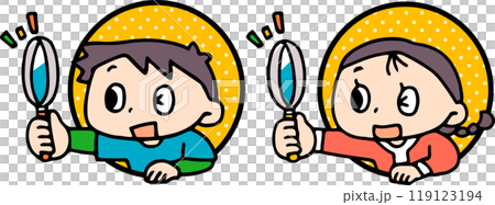 Child with magnifying glass popping out of frame 119123194