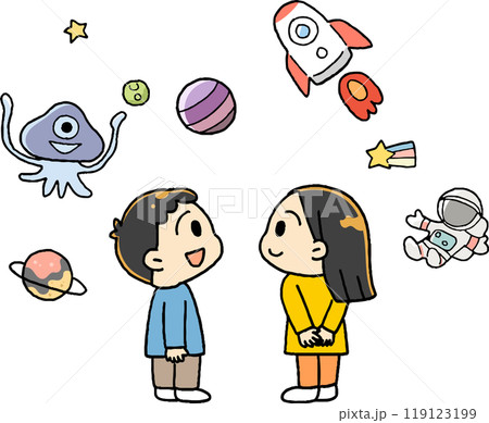 宇宙について考える子供たちの後ろ姿 119123199