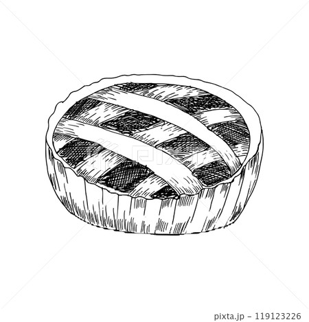 Fall pastry apple pie ink graphics illustration. Line art style vector icon, fresh backed tart or cake with autumn fruits for American thanksgiving festival design, poster, label, packing Fall pastry apple pie ink graphics illustration. Line art style vector icon, fresh backed tart or cake with autumn fruits for American thanksgiving festival design, poster, label, packing 119123226