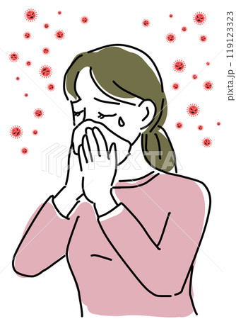 インフルエンザで鼻をかむ女性シンプル線画 インフルエンザで鼻をかむ女性シンプル線画 119123323