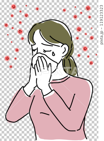 一名婦女因流感擤鼻涕的簡單線條畫 119123323