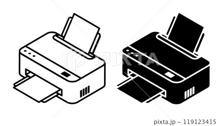 Linear icon, Isometric inkjet printer. Printing documents in office using copiers. Simple black and white vector isolated on white background Linear icon, Isometric inkjet printer. Printing documents in office using copiers. Simple black and white vector isolated on white background 119123415