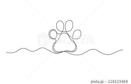 Dog or wolf paw one continuous line sketch. Doodle animal footprint 119123469