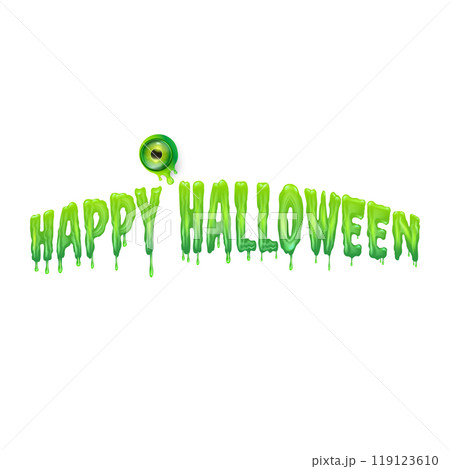 Happy halloween text logo with liquid green slime and zombie green eye isolated on transaparent background. Square happy halloween png banner, poster and poster with melting text and monster eyeball 119123610