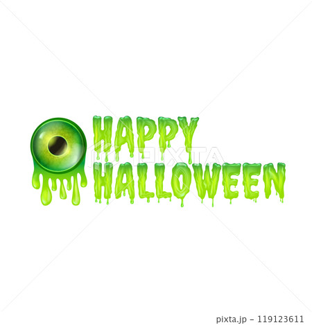 Happy halloween text logo with liquid green slime and zombie green eye isolated on transaparent background. Square happy halloween png banner, poster and poster with melting text and monster eyeball 119123611