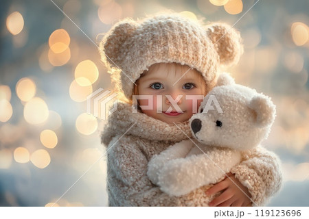 closeup portrait of Cute little girl hugging a teddy bear on winter day. Safe Toys and Gifts Month concept 119123696