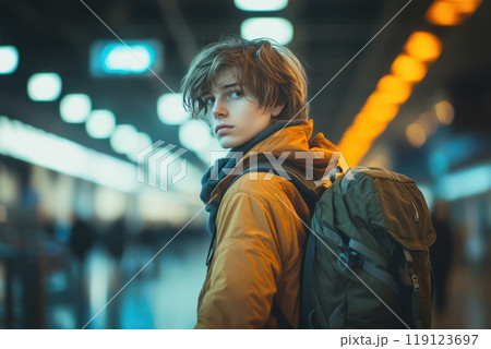 A teenager with backpack travelling alone. Boy in airport termilal looking over his shoulder 119123697