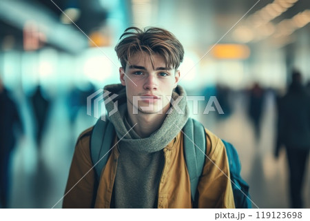 A teenager with backpack travelling alone. Boy in airport termilal looking to camera 119123698