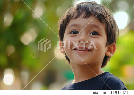 Autistic child drawing a picture with colorful pencils. 119123713