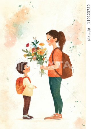 A Postcard for international teacher's day. Children congratulating PE teacher with flowers 119123720