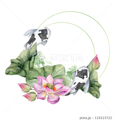 Pink lotus flower with buds and green leaves , swimming koi carp fish watercolor round frame. Asian floral wreath with Buddhism and zen symbols elements for packing, label ,web design.Spa and wellness 119123722