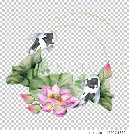 Pink lotus flower with buds and green leaves , swimming koi carp fish watercolor round frame. Asian floral wreath with Buddhism and zen symbols elements for packing, label ,web design.Spa and wellness 119123722