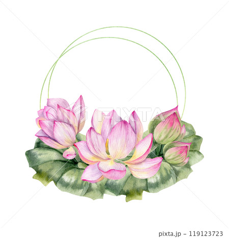 Pink lotus water lily flowers on green leaves watercolor frame. Hand drawn floral wreath with asian oriental element, botany composition for meditation center, spa, body care center. Invitation, card 119123723