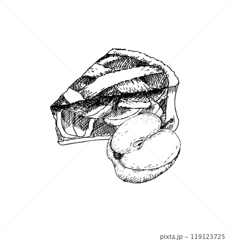 Vector ink autumn apple pie piece with half apple composition. Hand drawn line art graphics, sweet Thanksgiving cake illustration for bakery, cafe seasonal menu design. Vector ink autumn apple pie piece with half apple composition. Hand drawn line art graphics, sweet Thanksgiving cake illustration for bakery, cafe seasonal menu design. 119123725
