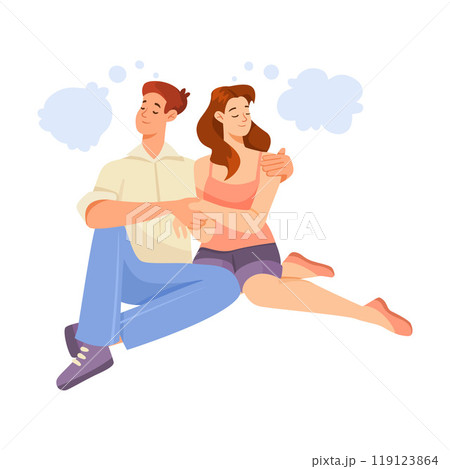 Man and Woman Character Dreaming with Cumulus Cloud Imagining Vector Illustration Man and Woman Character Dreaming with Cumulus Cloud Imagining Vector Illustration 119123864