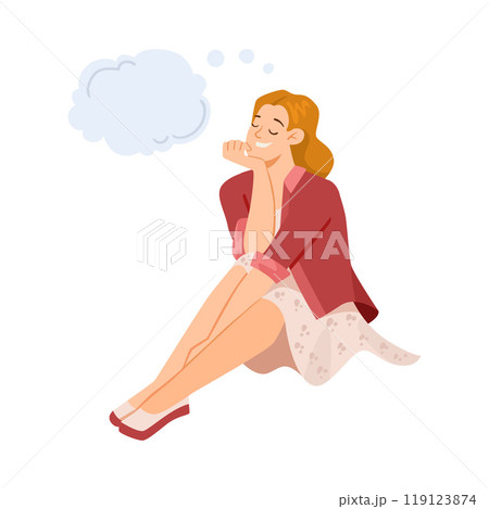 Woman Character Dreaming with Cumulus Cloud Imagining Vector Illustration Woman Character Dreaming with Cumulus Cloud Imagining Vector Illustration 119123874