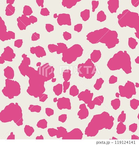 Abstract pink on White cow or giraffe spots seamless pattern. Hot pink organic blob shapes on saturated beige background. Hand drawn trendy vivid minimalist safari print for Textile, Fabric, Wrapping Abstract pink on White cow or giraffe spots seamless pattern. Hot pink organic blob shapes on saturated beige background. Hand drawn trendy vivid minimalist safari print for Textile, Fabric, Wrapping 119124141