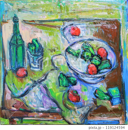 ピーマンとトマトの油絵 119124594