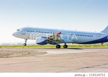 Passenger aircraft lands at the runway 119124731
