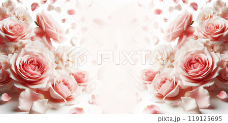 Pink rose on a gentle background, rose petals scattered in the air isolated on a white background 119125695