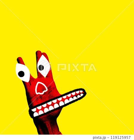 Red hand forming emotional character with wide eyes and big, toothy mouth in bight yellow background. Contemporary art collage. 119125957