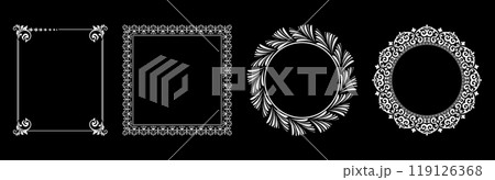 Set of decorative frames Elegant vector element for design in Eastern style, place for text. Floral black and white borders. Lace illustration for invitations and greeting cards. Set of decorative frames Elegant vector element for design in Eastern style, place for text. Floral black and white borders. Lace illustration for invitations and greeting cards. 119126368