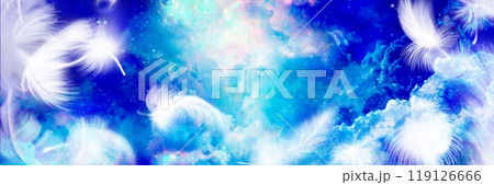 青い夜空に漂う雲海の背景イラストとふわふわと舞う白い天使の羽 119126666