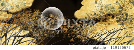 日本画風満月とすやり霞の平安絵巻ものワイドサイズ背景 119126672
