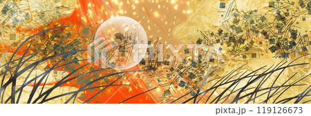 日本画風満月とすやり霞の平安絵巻ものワイドサイズ朱色背景 119126673