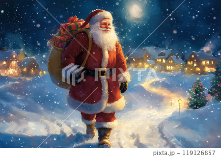 クリスマスの夜、リアルなサンタが笑顔で贈り物 | プレゼントシーンのイラスト 119126857