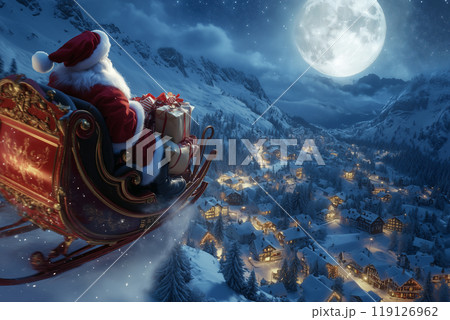 空を飛ぶサンタとトナカイのクリスマス夜景 空を飛ぶサンタとトナカイのクリスマス夜景 119126962