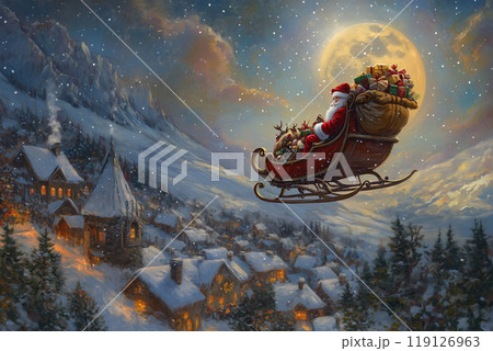 空を飛ぶサンタとトナカイのクリスマス夜景 空を飛ぶサンタとトナカイのクリスマス夜景 119126963