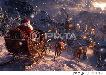 空を飛ぶサンタとトナカイのクリスマス夜景のイラスト素材 [119126969