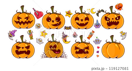 Set pumpkins on white transparent background. Orange pumpkins with smile, ghosts, spiders, witch hats for your design for the holiday Halloween. October holiday design elements. Vector illustration. 119127081