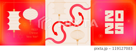 Set of Chinese New Year 2025 modern square designs in red, gold colors for cover, card, poster, banner with trendy geometric elements - geometric linear intertwined snakes and lanterns. Vector 119127083