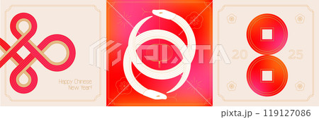 Set of Chinese new year 2025 square banners. Geometric minimal linear art. Red traditional Chinese designs with snakes, lanterns, coins, decorations. Lunar new year concept, modern vector Set of Chinese new year 2025 square banners. Geometric minimal linear art. Red traditional Chinese designs with snakes, lanterns, coins, decorations. Lunar new year concept, modern vector 119127086