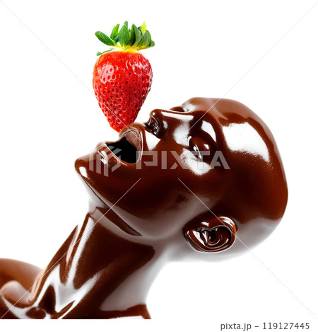 チョコレートのマネキンがいちごを食べているイメージ 白背景の切り抜き チョコレートのマネキンがいちごを食べているイメージ 白背景の切り抜き 119127445