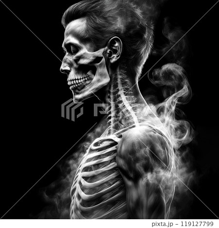 人と骸骨が煙の中でフュージョンするイメージ　黒背景 119127799
