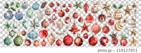 Set of isolated cute ornaments for a Christmas tree decoration in vivid hand painted watercolor painting on a transparent background for Christmas and New Year. AI generated. 119127851