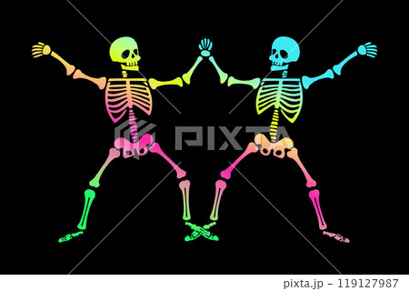 コミカルなポーズの2人の骸骨のサイケデリックカラーのグラデーションイラスト　黒背景 119127987
