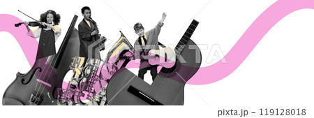Banner. Contemporary art collage. Group of children playing various instruments with pink waves crossing through, symbolizing creative expression. 119128018