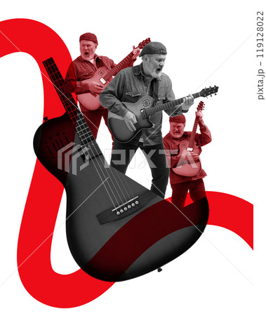 Poster. Contemporary art collage. Guitarist passionately performing with abstract red wave, adding intensity and emotion to musical performance. 119128022