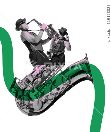 Poster. Contemporary art collage. Saxophonist in bold poses with green abstract wave, representing connection with jazz. Poster. Contemporary art collage. Saxophonist in bold poses with green abstract wave, representing connection with jazz. 119128025