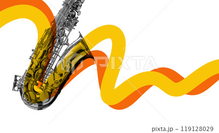 Poster. Contemporary art collage. Saxophone with bold orange and yellow waves surrounding it, creating vivid energy, as vibrancy and movement of jazz music. Poster. Contemporary art collage. Saxophone with bold orange and yellow waves surrounding it, creating vivid energy, as vibrancy and movement of jazz music. 119128029