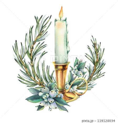 White candle burning in a gold vintage candlestick with pine and snowberry branches. Watercolor illustration hand drawn New Year, Christmas. Sublimation isolated from the background. 119128034