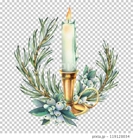 White candle burning in a gold vintage candlestick with pine and snowberry branches. Watercolor illustration hand drawn New Year, Christmas. Sublimation isolated from the background. 119128034