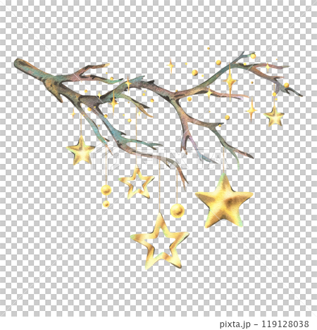 Dry tree branch without leaves with hanging New Year's shimmering golden stars and beads. Watercolor illustration New Year, Christmas hand drawn. Sublimation isolated from background. 119128038