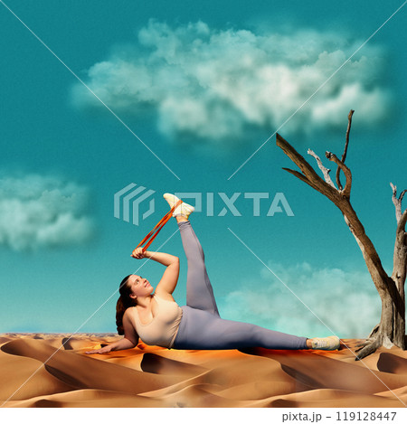 Woman lying in desert landscape, using resistance band to stretch leg, training, Surreal fitness scene. Creative art collage. 119128447