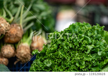 Celeriac displayed on a farmer's market counter Celeriac displayed on a farmer's market counter 119128828